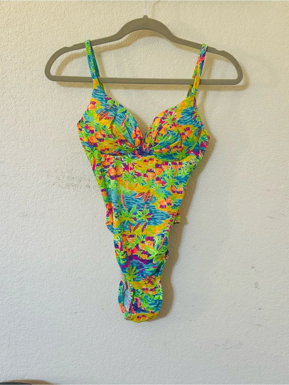 Vintage 80’s Neon Tropical Village Print One Piece Bikini